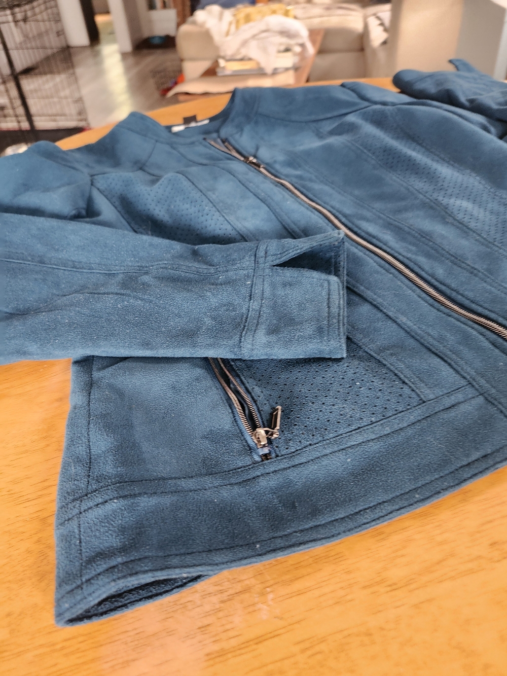 Northern Reflections Teal Faux Suede Zip Up Jacket | Peacock Blue Moto Style - Picture 7 of 10